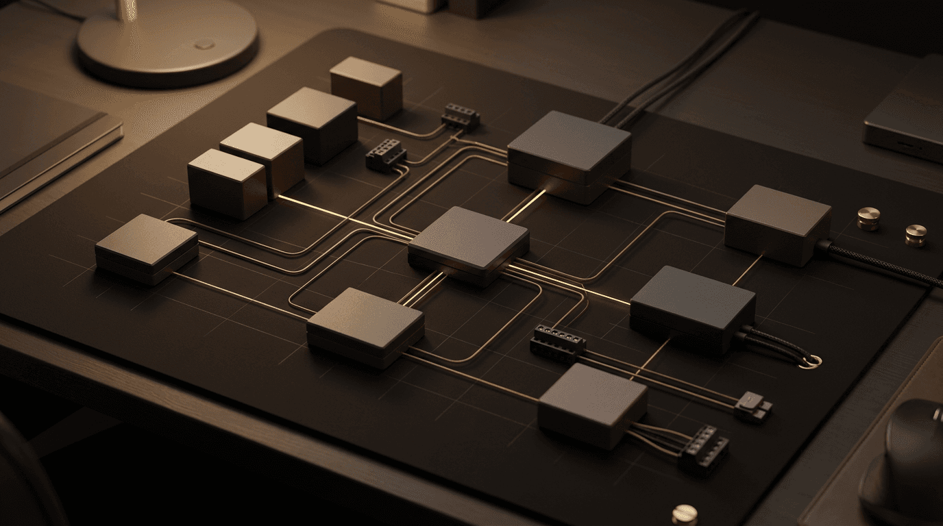 Dark infrastructure map showing VPS, DNS, VPN, mail, and Docker services